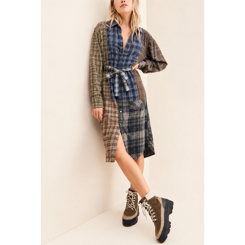 Free People x Riley Vintage Patchwork Midi Belted Shirt Dress XS / Small